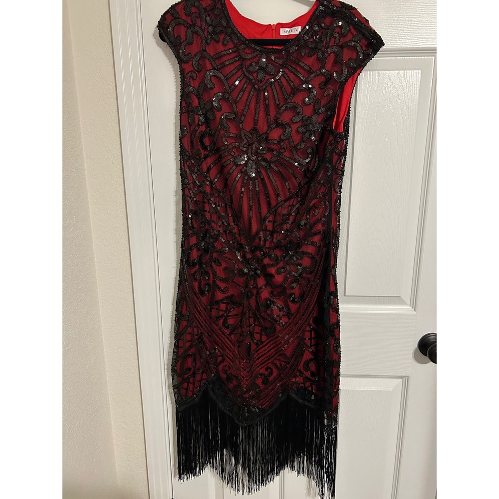SWEETV Red Black Sequin Flapper Dress‎ Gatsby Art Deco Fringe Cocktail Dress